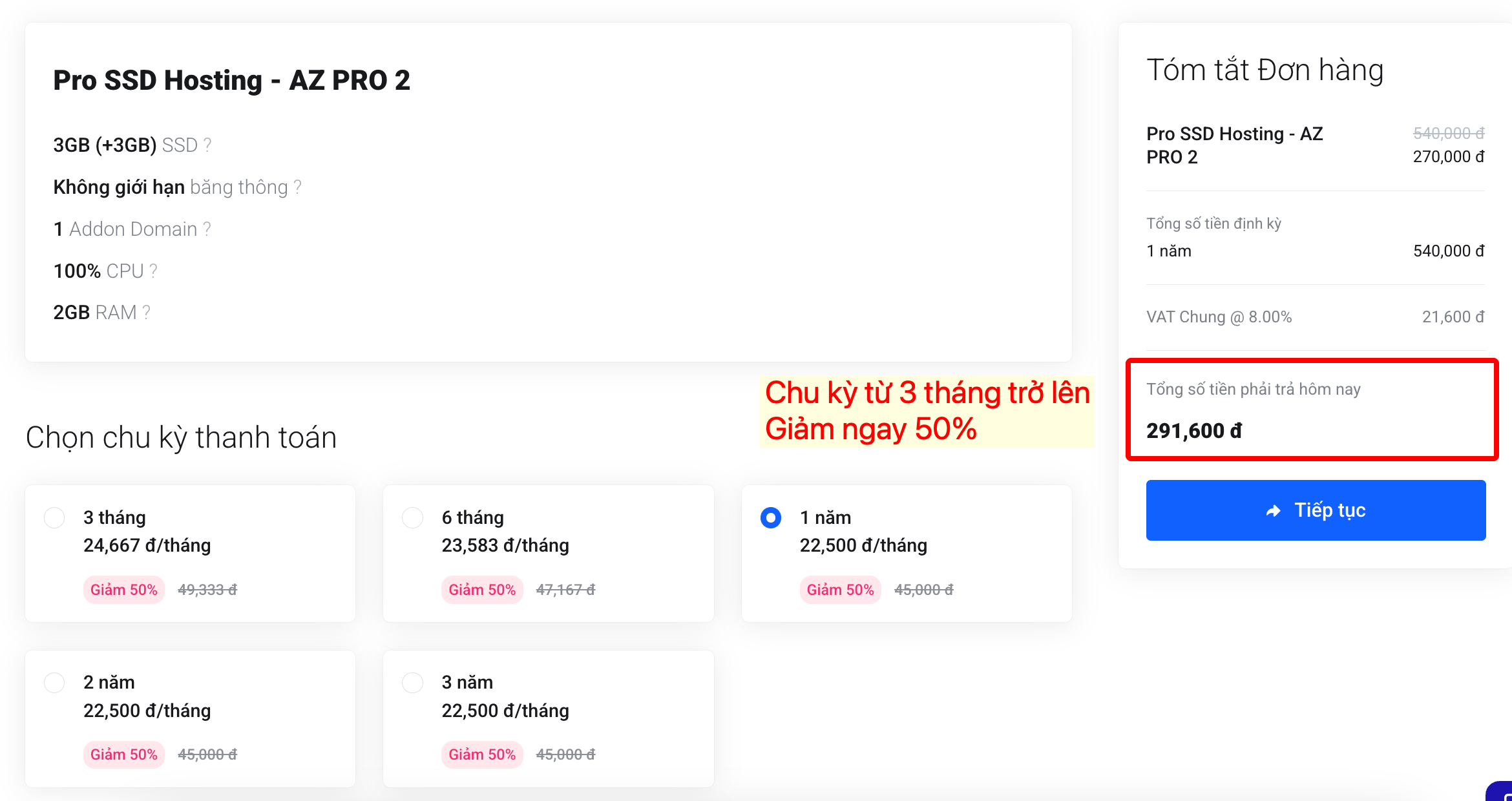 Hình ảnh sau khi giảm 50% cho dịch vụ Pro Hosting thời hạn 1 năm